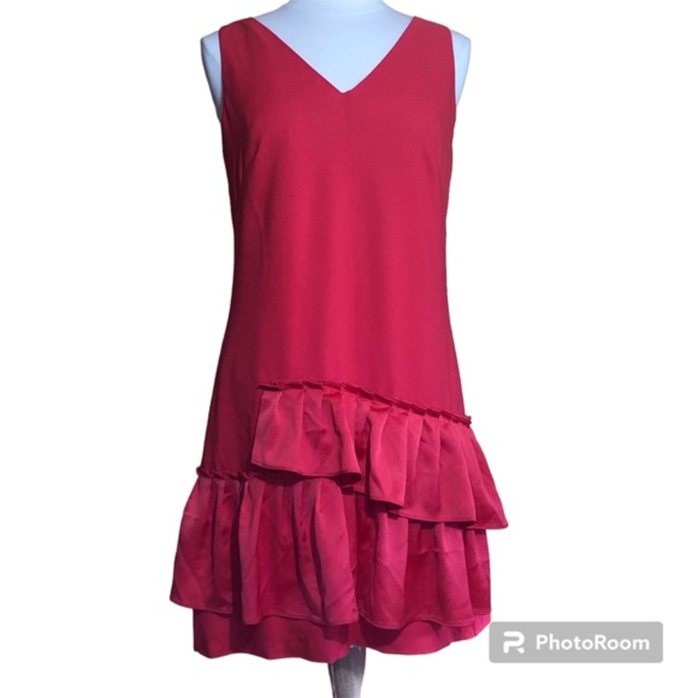Eliza J Coral Satin ruffle tier down hem v-neck,sleeveless sheath dress Size 10